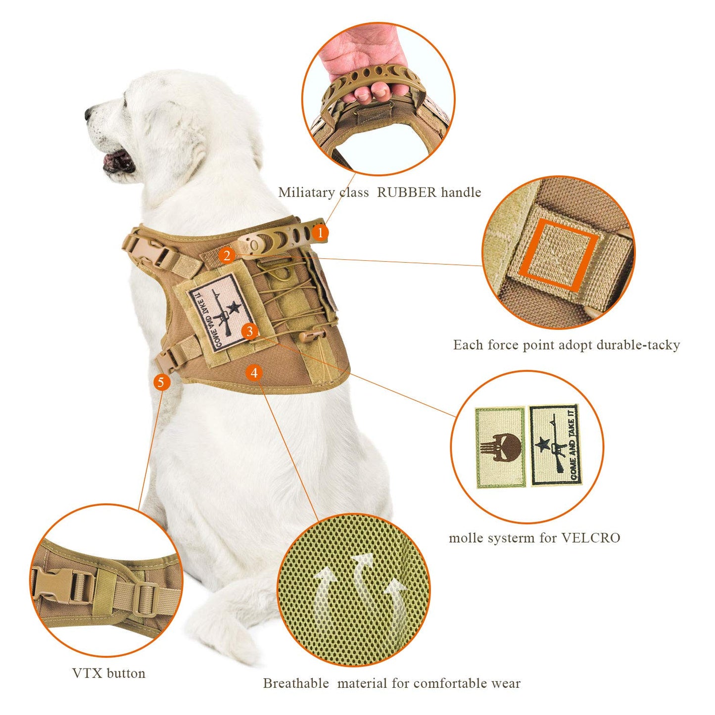 Tactical Dog Vest Harness, Outdoor Training Service Dog Vest Adjustable Military Working Dog Vest with Molle System and Rubber Handle Medium (Pack of 1) Khaki
