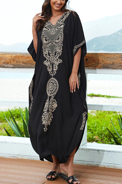 YouKD Embroidered Kaftan Dress Boho Beach Bikini Cover Up Robe Plus Size Loungewear for Women