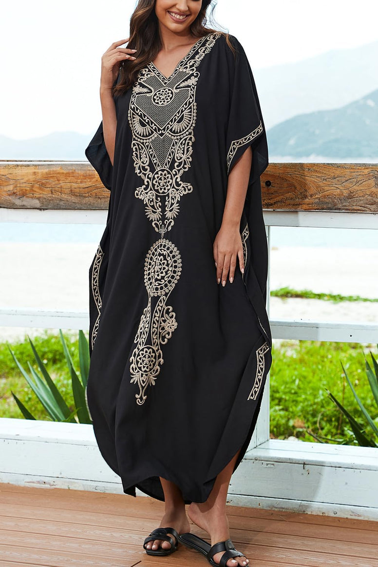 YouKD Embroidered Kaftan Dress Boho Beach Bikini Cover Up Robe Plus Size Loungewear for Women