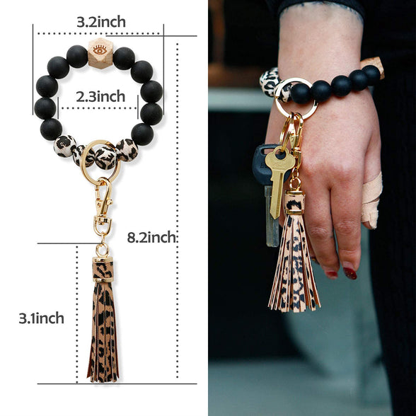 KASTWAVE Silicone Key Ring, KASTWAVE Key Ring Bracelet Wristlet Keychain Silicone Beaded Bangle Chains for Women with Leather Tassel