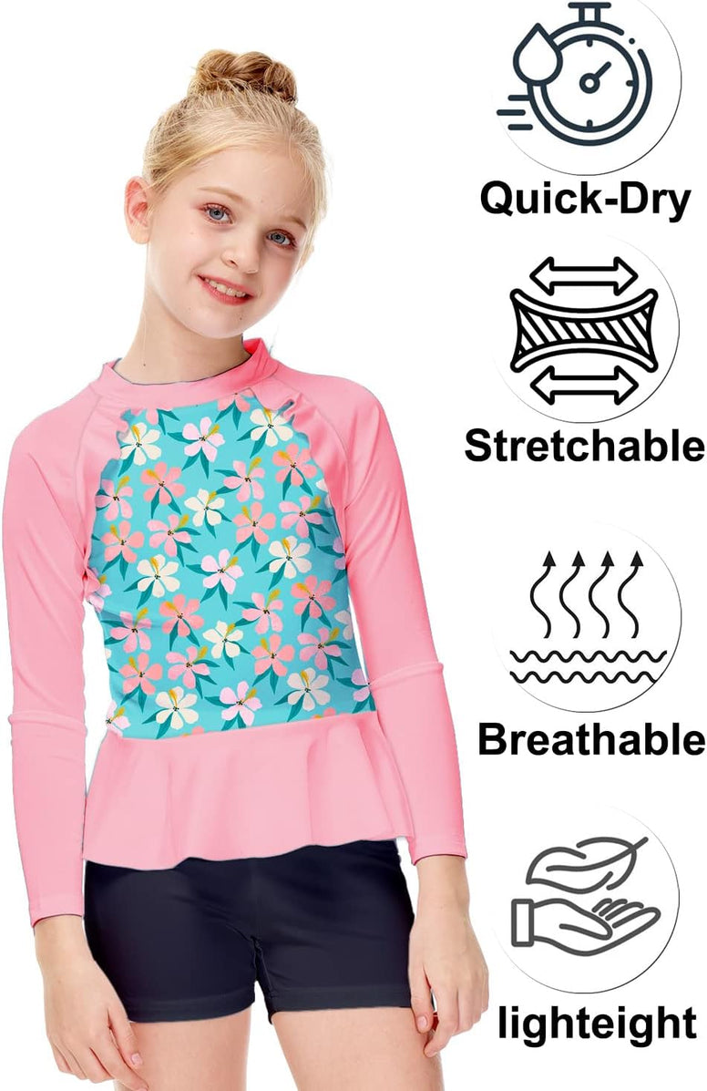 AOBUTE Girls Rash Guard Shirt Raglan Long Sleeve Ruffle Hem Swim Tops 3-12 Years