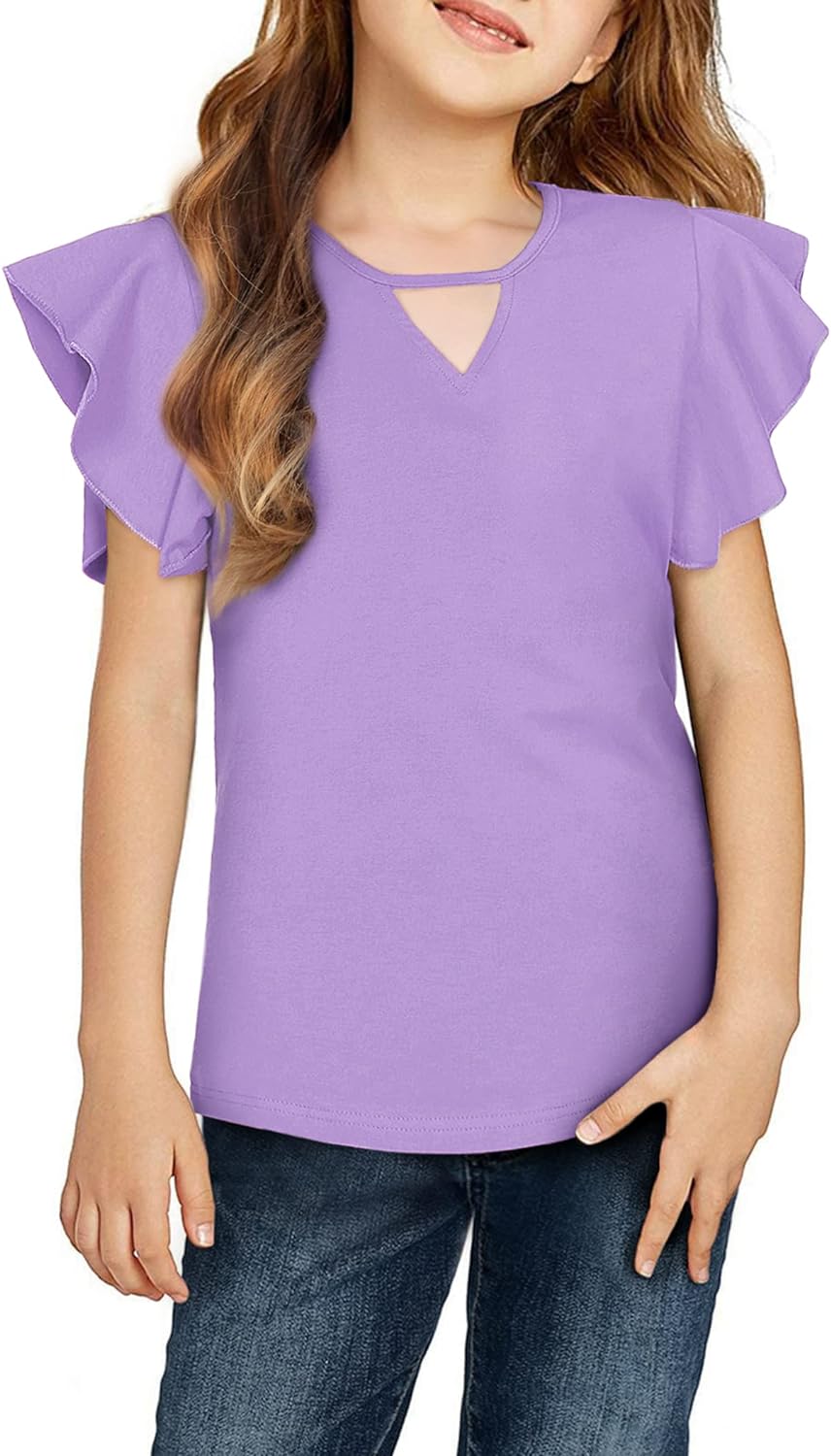 Greatchy Girls Shirts Short Sleeve Tee Ruffle Solid Summer Keyhole Neck Cotton Blouse Tops