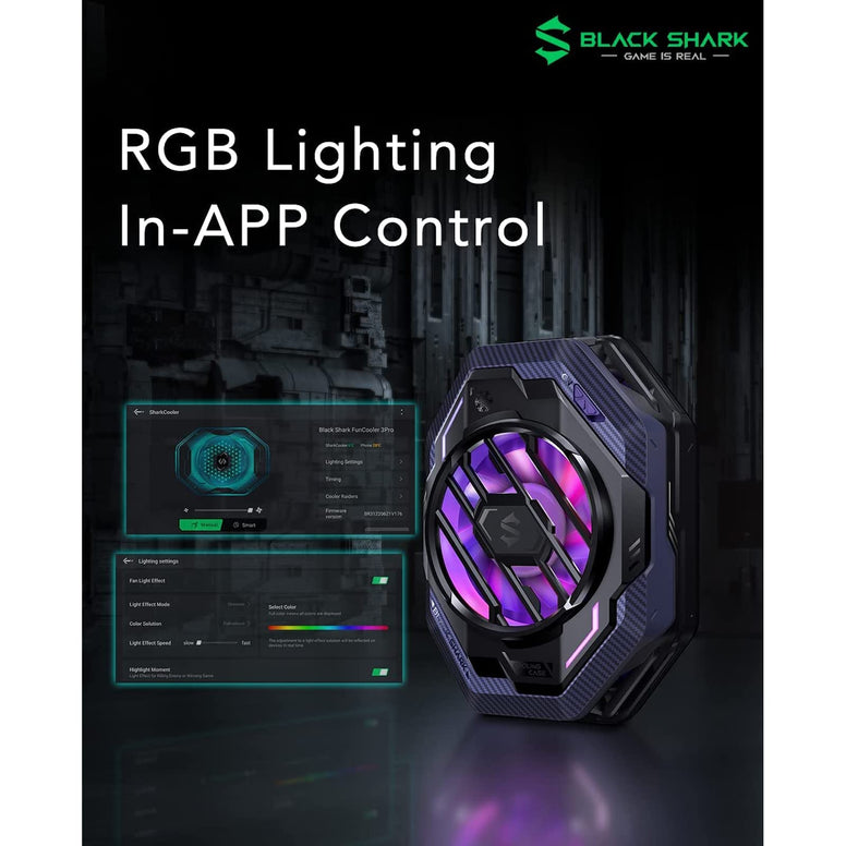 Black Shark Fun Cooler 3 Pro Cell Phone Cooler, 20W Power Fast Cooling Mobile Phone Radiator with in-APP Control | Temperature Drop by up to 30℃ | RGB Lights | 7 Blade Fans for iOS/Android (Black)