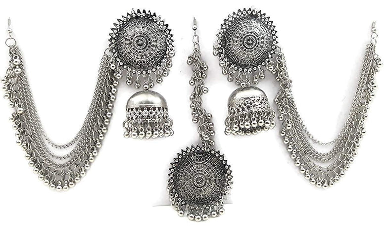 Shining Diva Fashion Latest Oxidised German Silver Antique Design Stylish Traditional Maang Tikka Jhumka Earrings Jewellery Set for Women