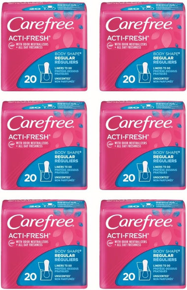 Carefree Acti-Fresh Body Shape Regular to Go Unscented Pantiliners, 20 Count (Pack of 6)