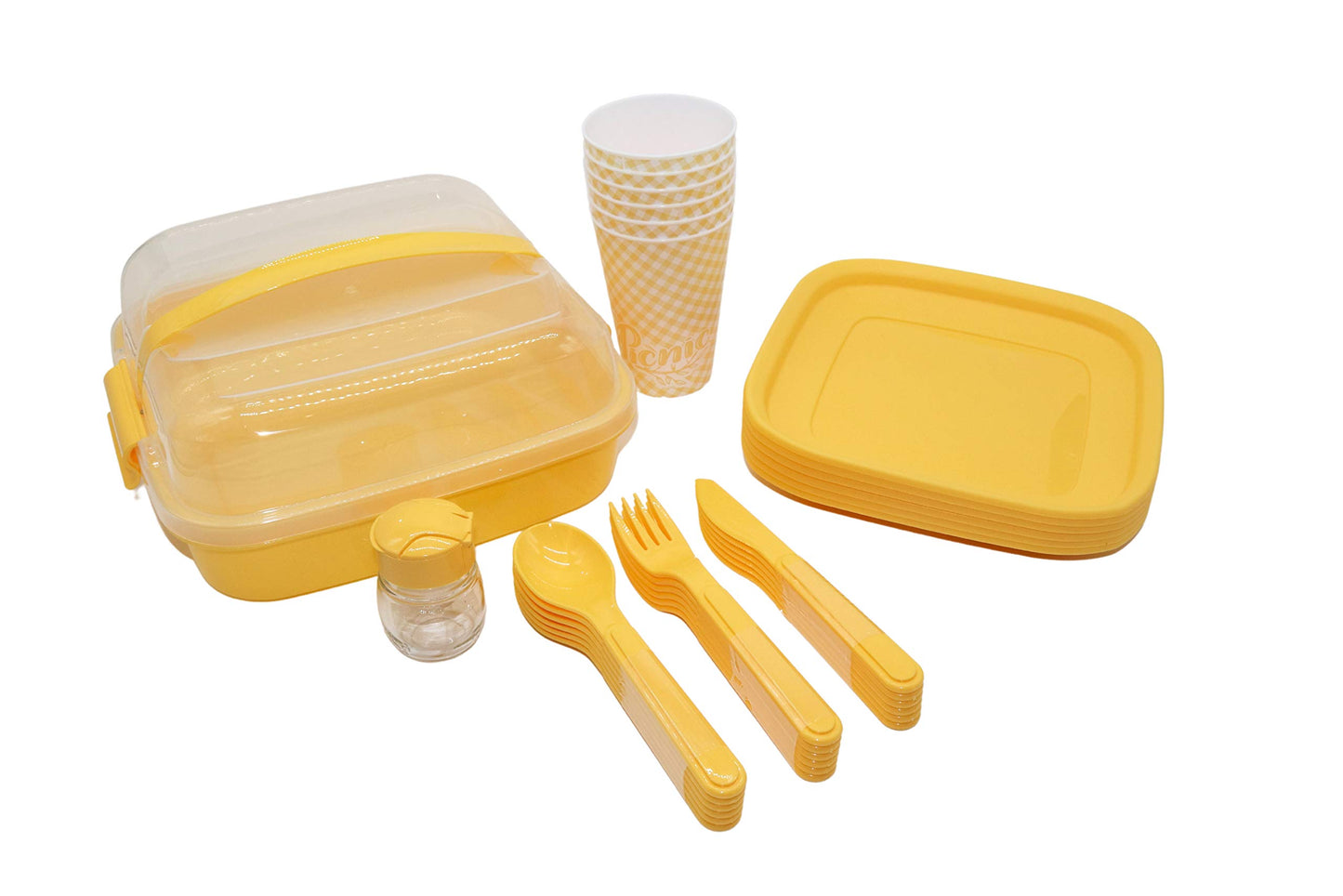 Shopivaa | 32 Piece (Serves 6 People) Picnic Set/Camping Set/Outdoor Dining/Party Set With Carry Case (Lightweight & Durable BPA Free Plastic) | Dishwasher Safe (Yellow)