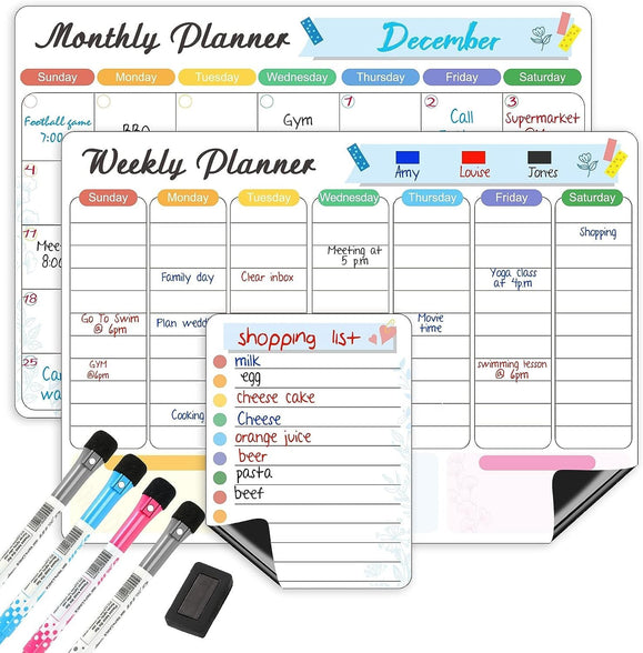 Magnetic White board Refrigerator Calendar set- Weekly and Monthly Planner, Wall, and Fridge Includes Shopping list & 4 markers