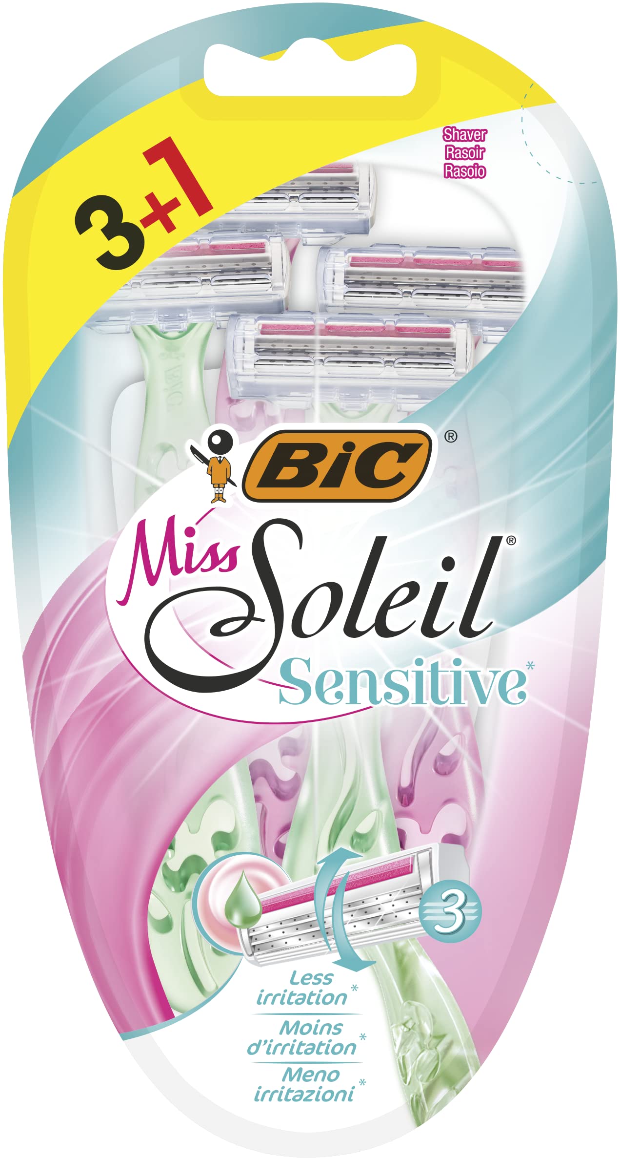 BIC Miss Soleil Sensitive Women's Triple Blade Disposable Razors - Assorted Colours, Pack of 3+1