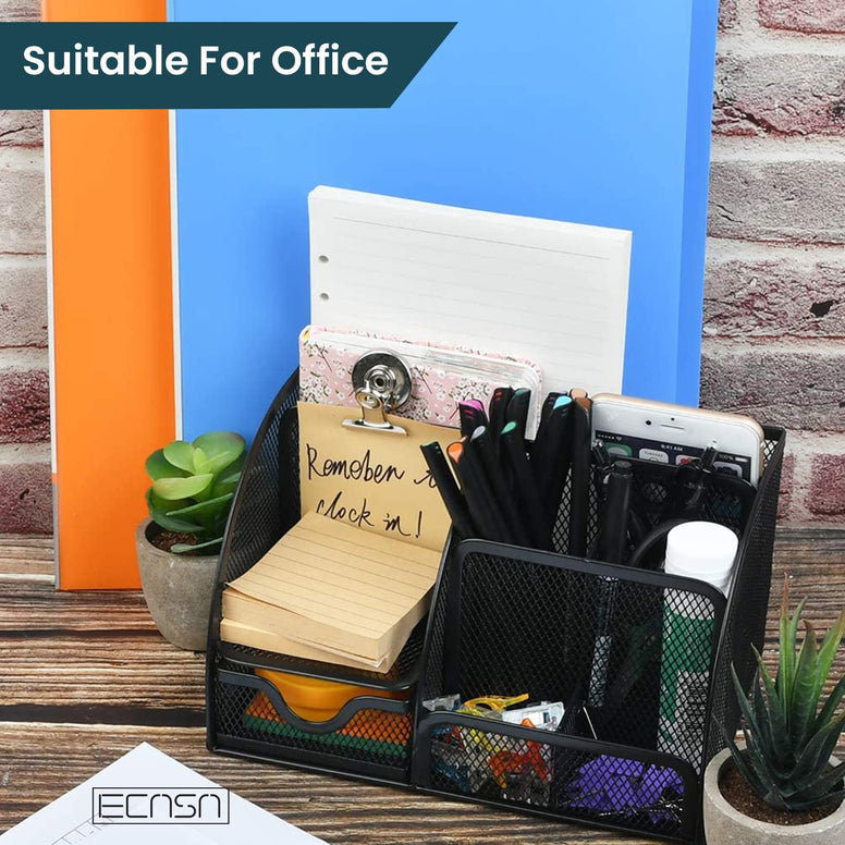 ECASA™ Office Desk Organizer and Accessories Desk Drawer Organizer with 6 Compartments, Mesh Desk Organizer Office Desktop Organizer with Drawer, Stationary Organizer Black Desk Caddy