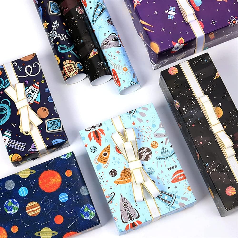 5 Sheets Outer Space Wrapping Paper, Birthday Wrapping Paper for Boys Girls, Recyclable Gift Wrapping Paper Set with Ribbon, for Birthday Party Holiday Decoration DIY Crafts Supplies, 28 x 20Inch