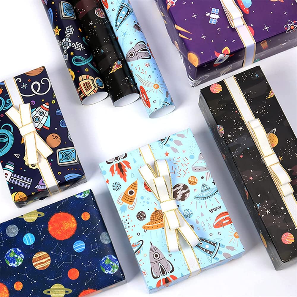 5 Sheets Outer Space Wrapping Paper, Birthday Wrapping Paper for Boys Girls, Recyclable Gift Wrapping Paper Set with Ribbon, for Birthday Party Holiday Decoration DIY Crafts Supplies, 28 x 20Inch