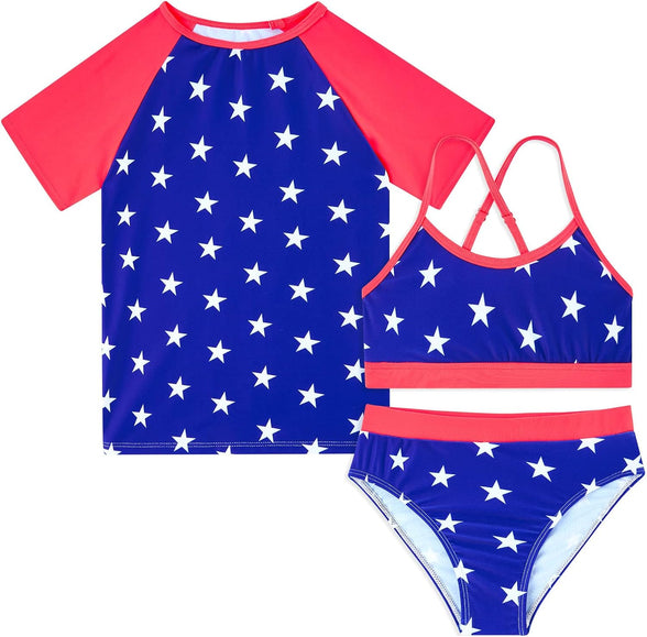 Vogseek Rash Guard Swimwear Girls 3-Piece Short Sleeve Swimsuit Kids Bathing Suit UPF 50+ Quick Dry Bikini Girls 7T-13T