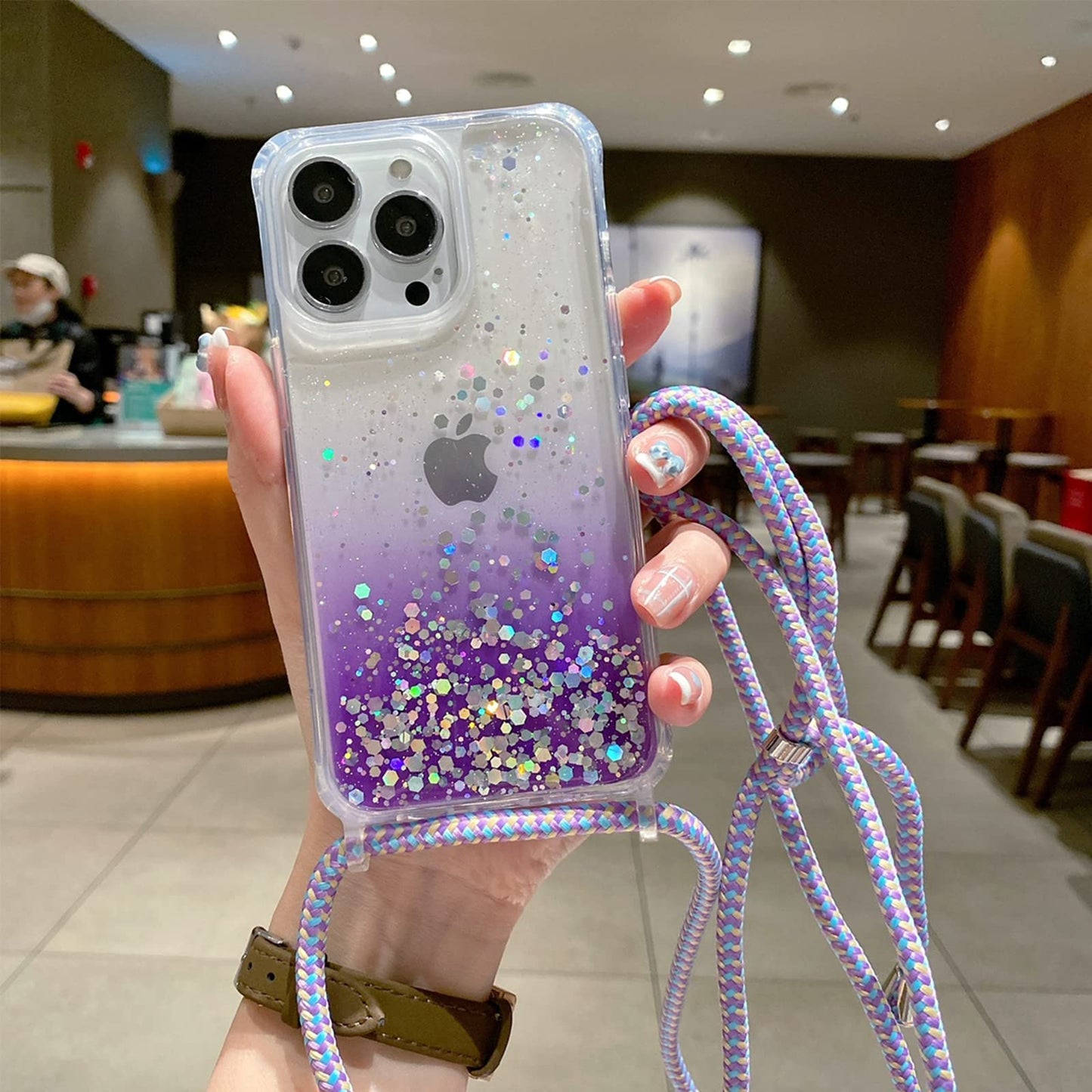 ELTIIGO for iPhone 14 Pro Strap Case with Crossbody Lanyard, Clear Glitter Shiny Bling Sparkle Shockproof Cover with Soft TPU Bumper, Adjustable Shoulder Neck Strap for Girls Women, Lavender