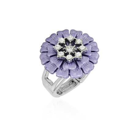 GUESS Violet Silvertone Statement Floral Ring For Women, Metal, glass stone
