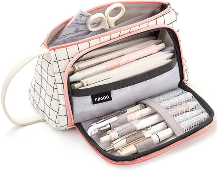 EASTHILL Large Capacity Colored Canvas Storage Pouch Marker Pen Pencil Case Simple Stationery Bag Holder for Middle High School Office College Student Girl Women Adult Teen Christmas Gift White Plaid