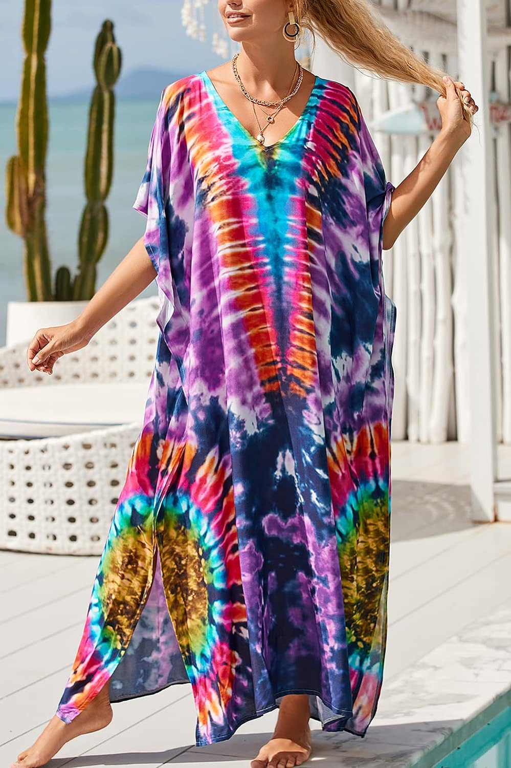 YouKD Maxi Dress V-Neck Kaftan Boho Robes Beach Cover-ups Dress Roomy Gowns for Women