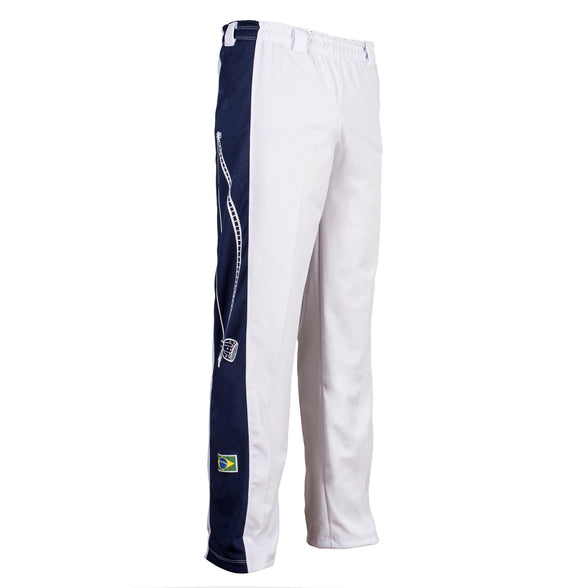 JL Sport Authentic Brazilian Capoeira Martial Arts Unisex's Trousers (White with Traditional Berimbau in Black Along Leg)