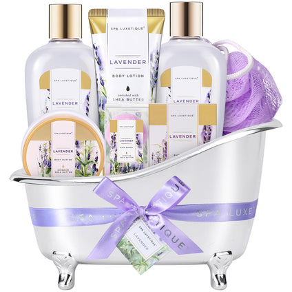 Spa Luxetique Spa Gift Basket Lavender Fragrance, Luxurious 8pc Gift Baskets for Women, Cute Bath Tub Holder - Best Holiday Gift Set for Women Includes Shower Gel, Bubble Bath, Body Butter & More.