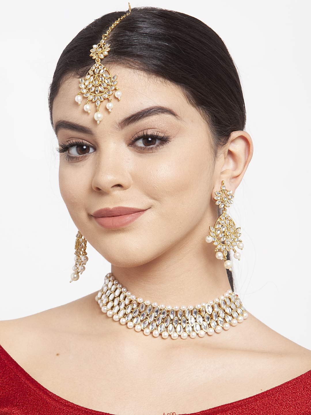 Shining Diva Latest Choker Design Traditional Kundan Earrings Maang Tikka Necklace Jewellery Set for Women (White) (11299s)