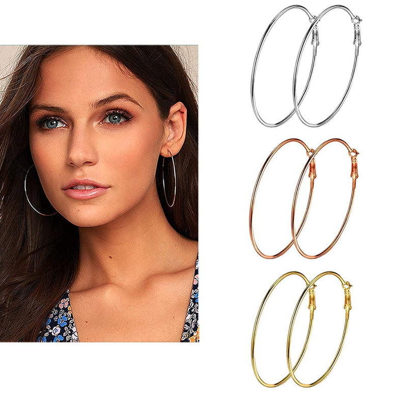 Yellow Chimes Combo of 3 Pairs Big Hoop Earrings Silver Gold Rose Gold Stainless Steel Ear rings for Women and Girls