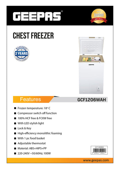 Geepas Freestanding Chest Freezer, | Deep Freezer with Adjustable Thermostat | 1pc Food Basket Included | LED Light | Comes with Lock & Key