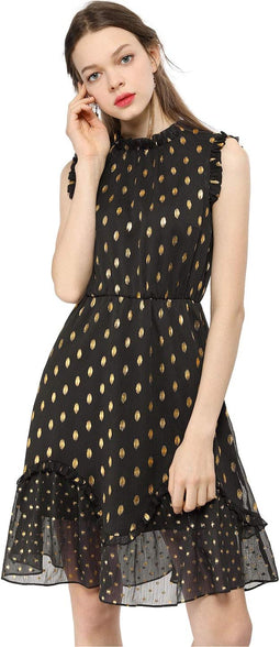 Allegra K Women's Dots High Neck Sleeveless Metallic Print Ruffle Cocktail Party Dress