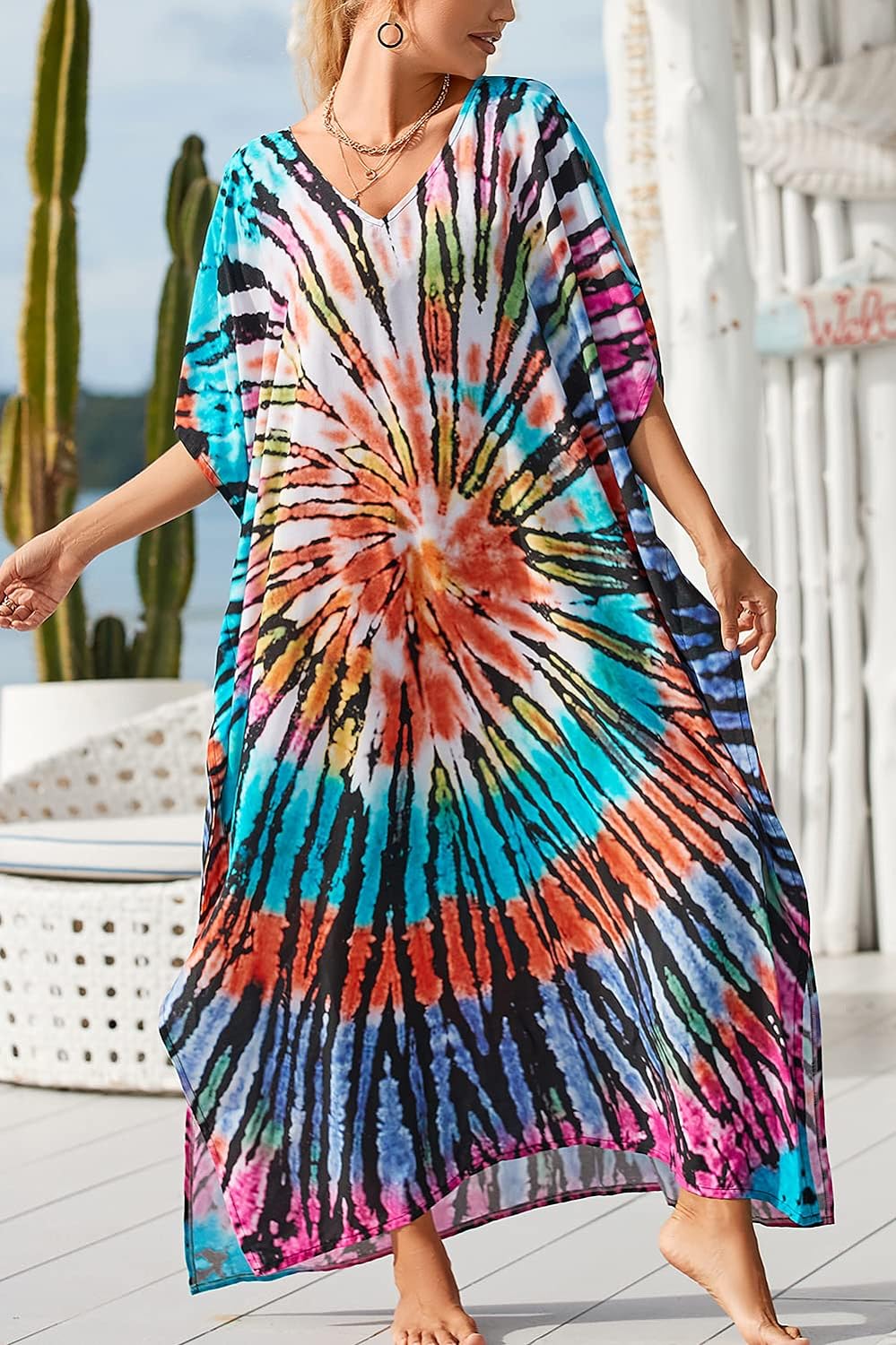 YouKD Maxi Dress V-Neck Kaftan Boho Robes Beach Cover-ups Dress Roomy Gowns for Women