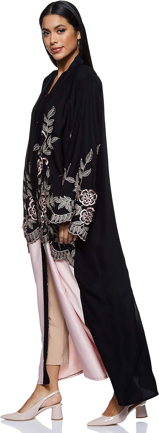 Nukhbaa Womens Black Abaya With Pink Embroidery Detail.Abaya Comes With Matching Hijab COMP5056 Abaya (pack of 5)