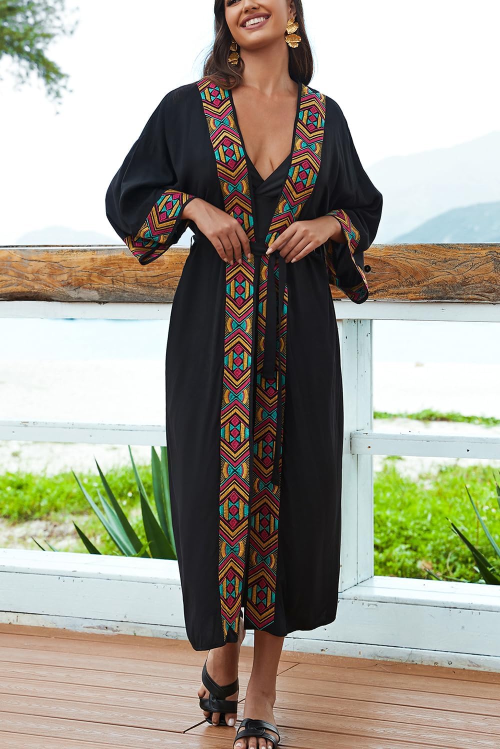 YouKD Embroidered Kaftan Dress Boho Beach Bikini Cover Up Robe Plus Size Loungewear for Women