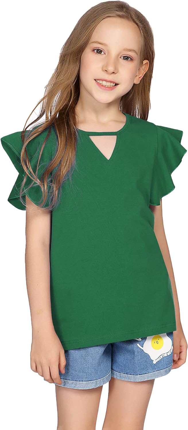 Greatchy Girls Shirts Short Sleeve Tee Ruffle Solid Summer Keyhole Neck Cotton Blouse Tops