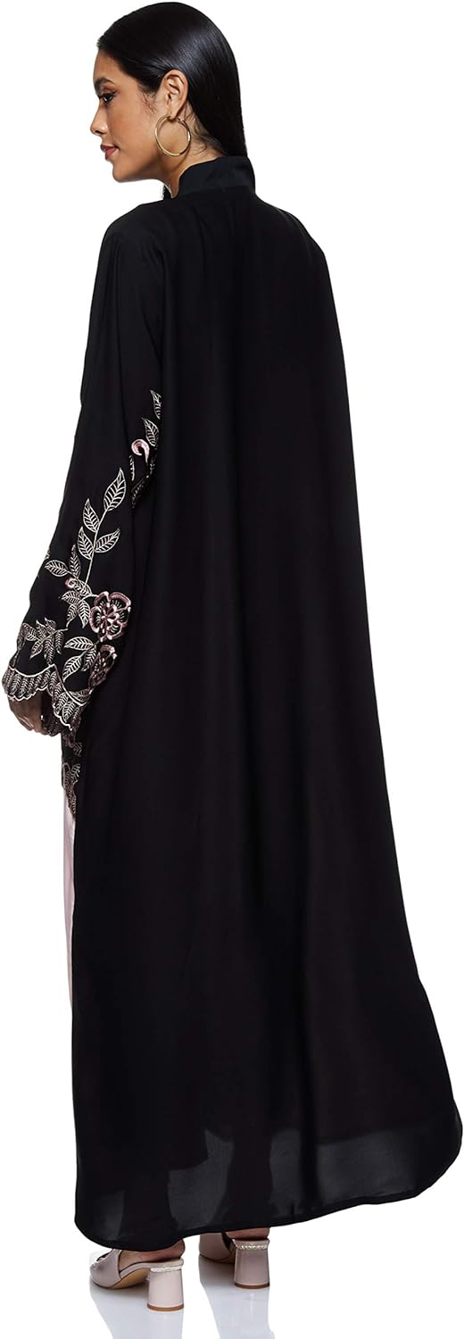 Nukhbaa Womens Black Abaya With Pink Embroidery Detail.Abaya Comes With Matching Hijab COMP5056 Abaya (pack of 5)