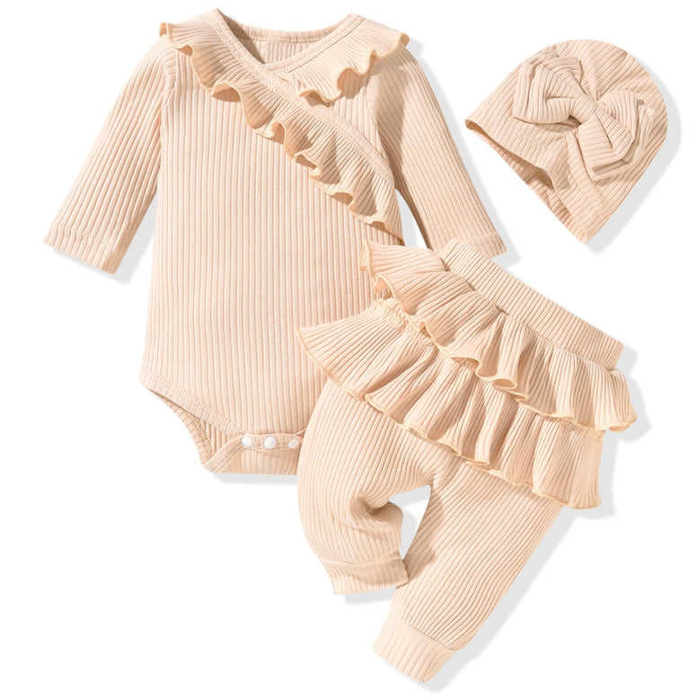 fioukiay Preemie Newborn Baby Girl Clothes Infant Girl Solid Ribbed Outfits Ruffle Romper and Pants 3PC Clothing Sets(3-6 M)