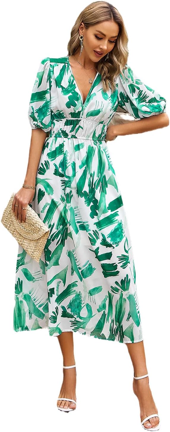 DOEUNNER Womens 2023 Summer Long Dress Floral Midi Dresses Wrap V Neck Smocked Ruffle Short Sleeve Flowy Belted Elastic Waist A Line Boho Dress