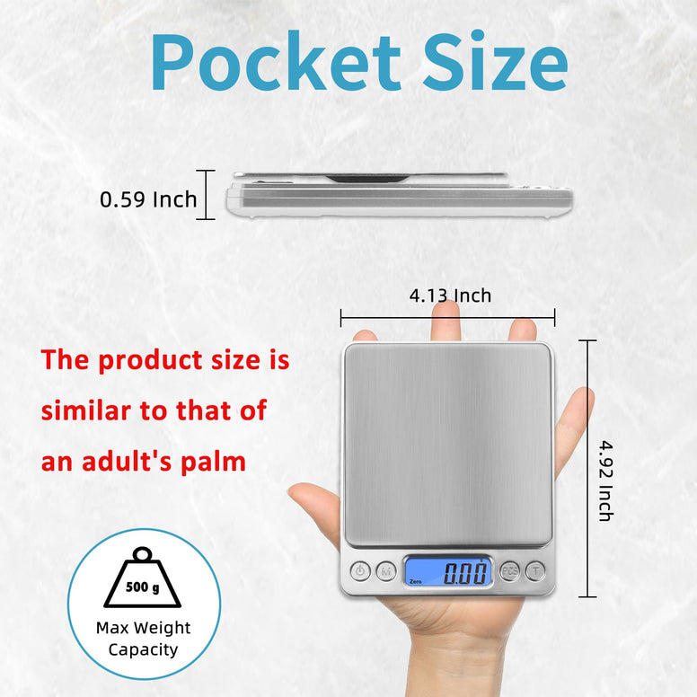 NEXT-SHINE Gram Scale Digital Mini Pocket Pro Size Rechargeable Portable Scale 500g x 0.01g with Stainless Steel USB Charged for Coffee Beans Jewelry Small Postal Parcel Baking Cooking