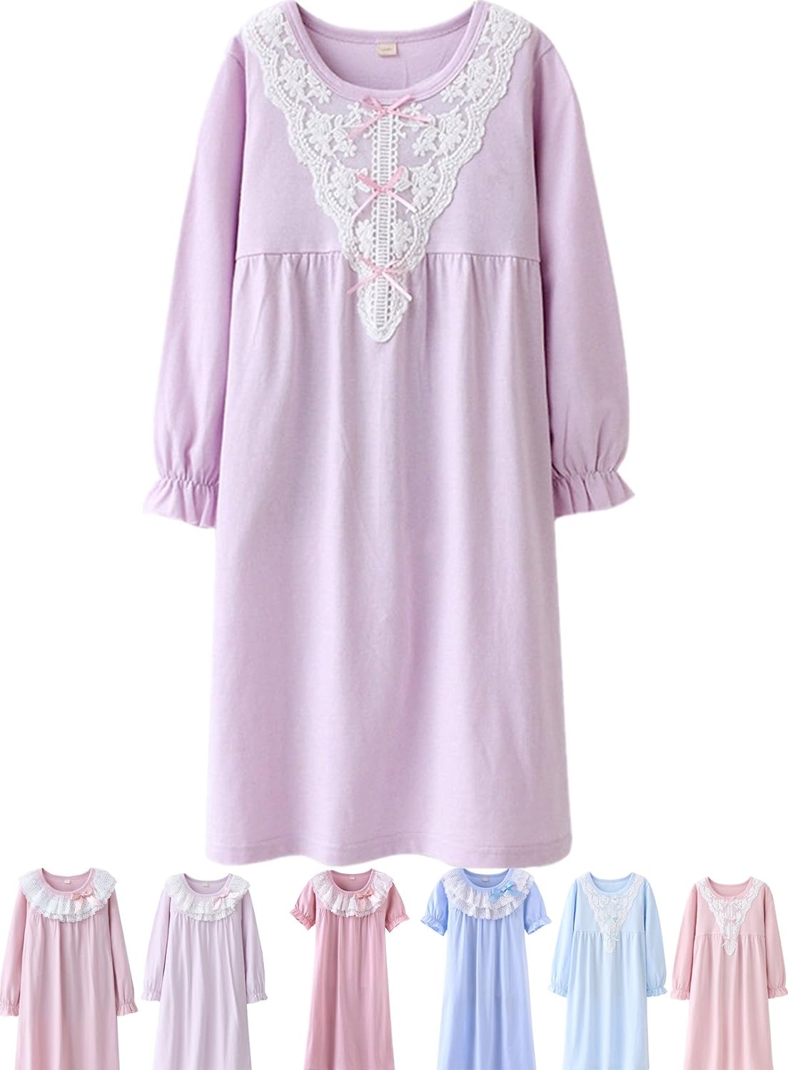 ABALACOCO Girls Kids Princess Lace Nightgown Long Sleeve Cotton Sleepwear Dress Pretty V-neck Loose Homewear