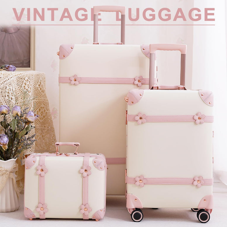 NZBZ Women Cute Vintage Luggage Sets with TSA Lock 3 Piece Luxury Retro Trunk Luggage Hardside Trolley Suitcase, White, 14inch & 20inch & 28inch, Vintage, White, 14inch & 20inch & 28inch, Vintage