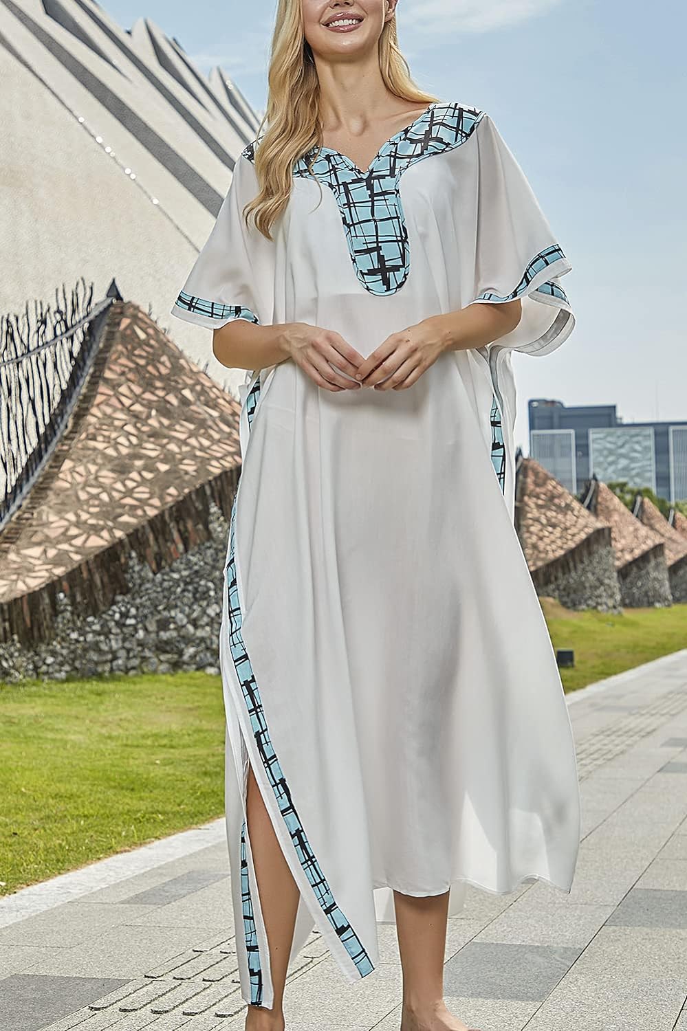 YouKD Maxi Dress V-Neck Kaftan Boho Robes Beach Cover-ups Dress Maxi Garment for Women