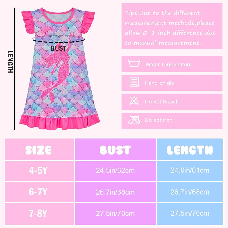 Fiodrimy Girls Nightgowns Unicorn Sleepwear Night Sleep Dress Pajamas Little Kids Toddler Soft Nightgown