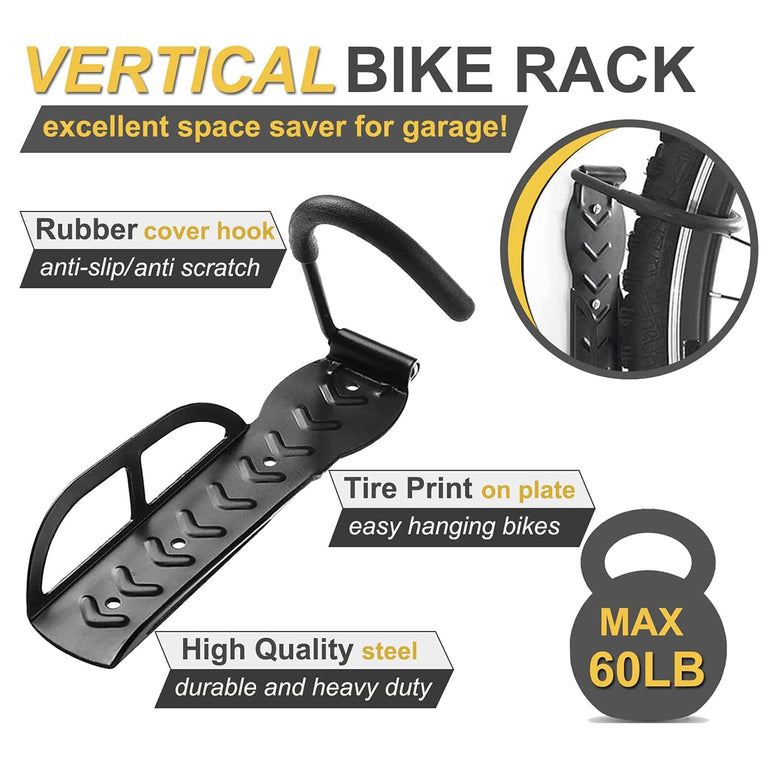 UUHOME Bike Rack Garage 2 Pack Bike Wall Mount Vertical Bike Hooks Storage System Wall Mount Bike Hanger for Garage Indoor Shed-Easy to install Use-Heavy Duty Holds up to 65 lb with Screws