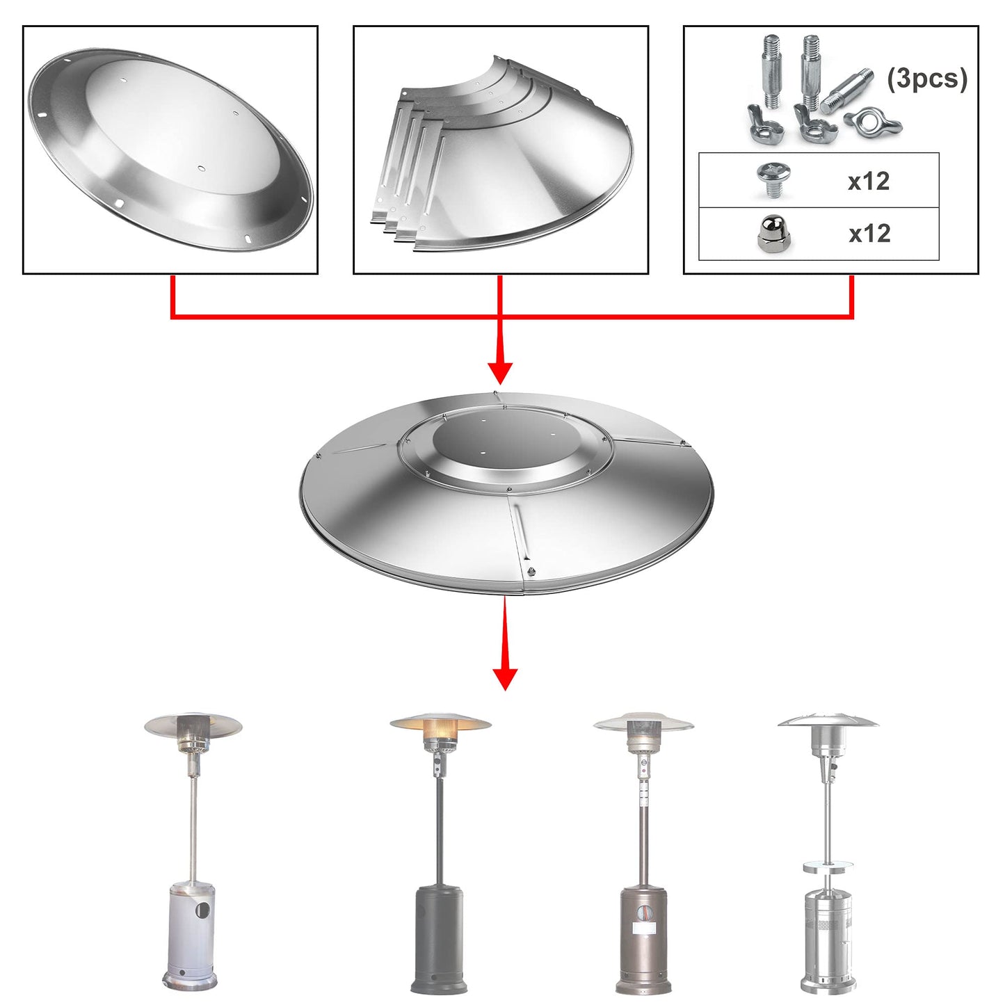 Patio Heater Top Reflector Shield Aluminum Replacement Parts Accessories for Outdoor Propane Patio Heaters,Ennegy Saving,Windshield,Dustproof(3 Top Attached Holes Mount,33 Inches)