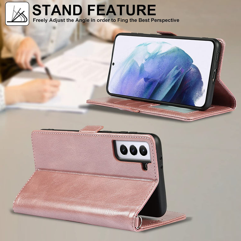 iCoverCase for Samsung Galaxy S21 Plus Case, PU Leather Wallet Case with Wrist Strap Card Holder Shockproof Flip Cover Case - Rose Gold