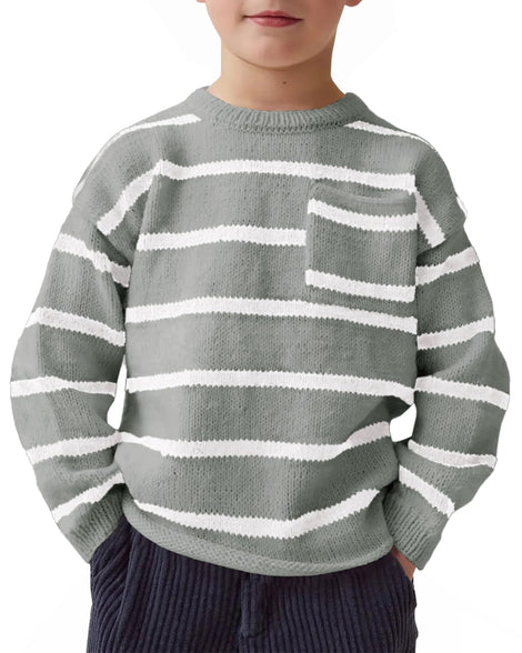 Haloumoning Boys Long Sleeve Sweater Knit Crewneck Striped Pullover Sweater Sweatshirts with Pocket 5-14 Years