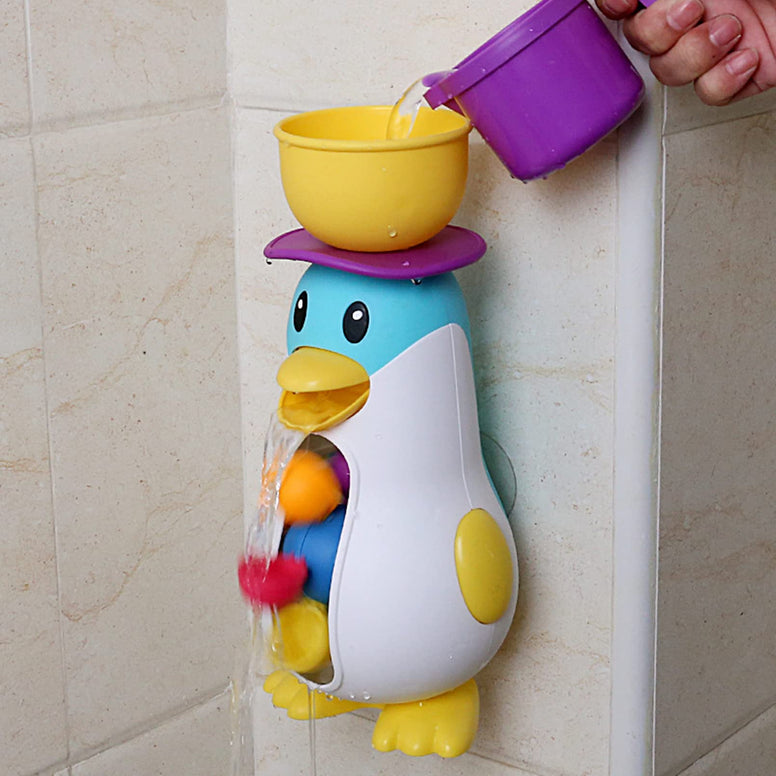 AM ANNA Bathtub Toys for Toddlers Kids 1 2 3 4,Ducky Penguin Waterwheel Bath Toys for Boys Girls Preschool Bath Toy,Bathroom Strong Suckers Water Scoop (Penguin Waterwheel Bath Toys)