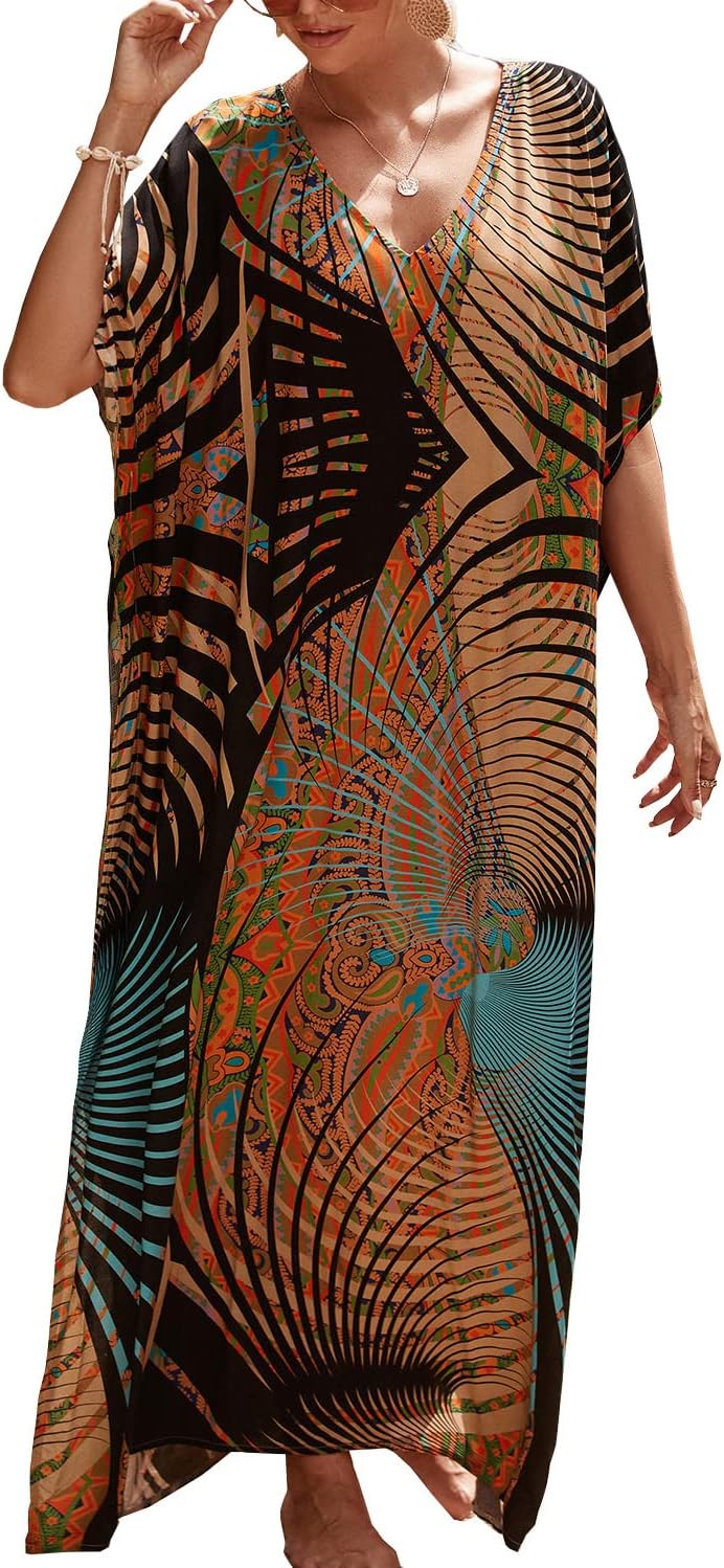 YouKD Summer Long Kaftan Bohemian Loungewear Beach Swimsuit Cover Up Maxi Dress for Women