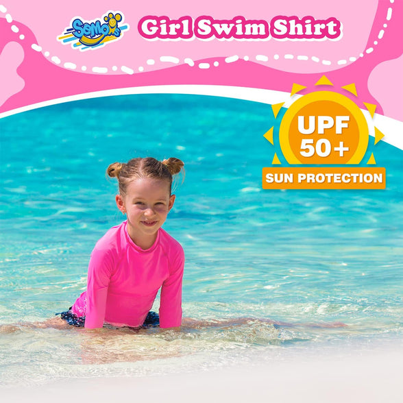 Girls Rash Guard Neon Pink Swim Shirt Long Sleeve for Toddler Kids Rashguard Water Shirt UPF+ 50 Swimming Sun Shirt Swimwear