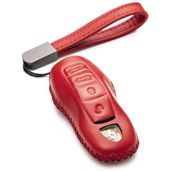 Vitodeco Genuine Leather Smart Key Fob Case with Leather Key Strap Compatible for Porsche 718, Porsche 911, Porsche Panamera, Porsche Cayenne (4-Button, Red)