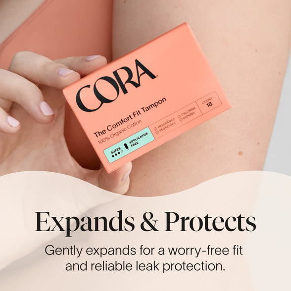 Cora 100% Organic Cotton Non-Applicator Tampons | Super Absorbency | Applicator-Free | Leak Protection | Ultra-Absorbent | Unscented | Packaging May Vary (36 Count)