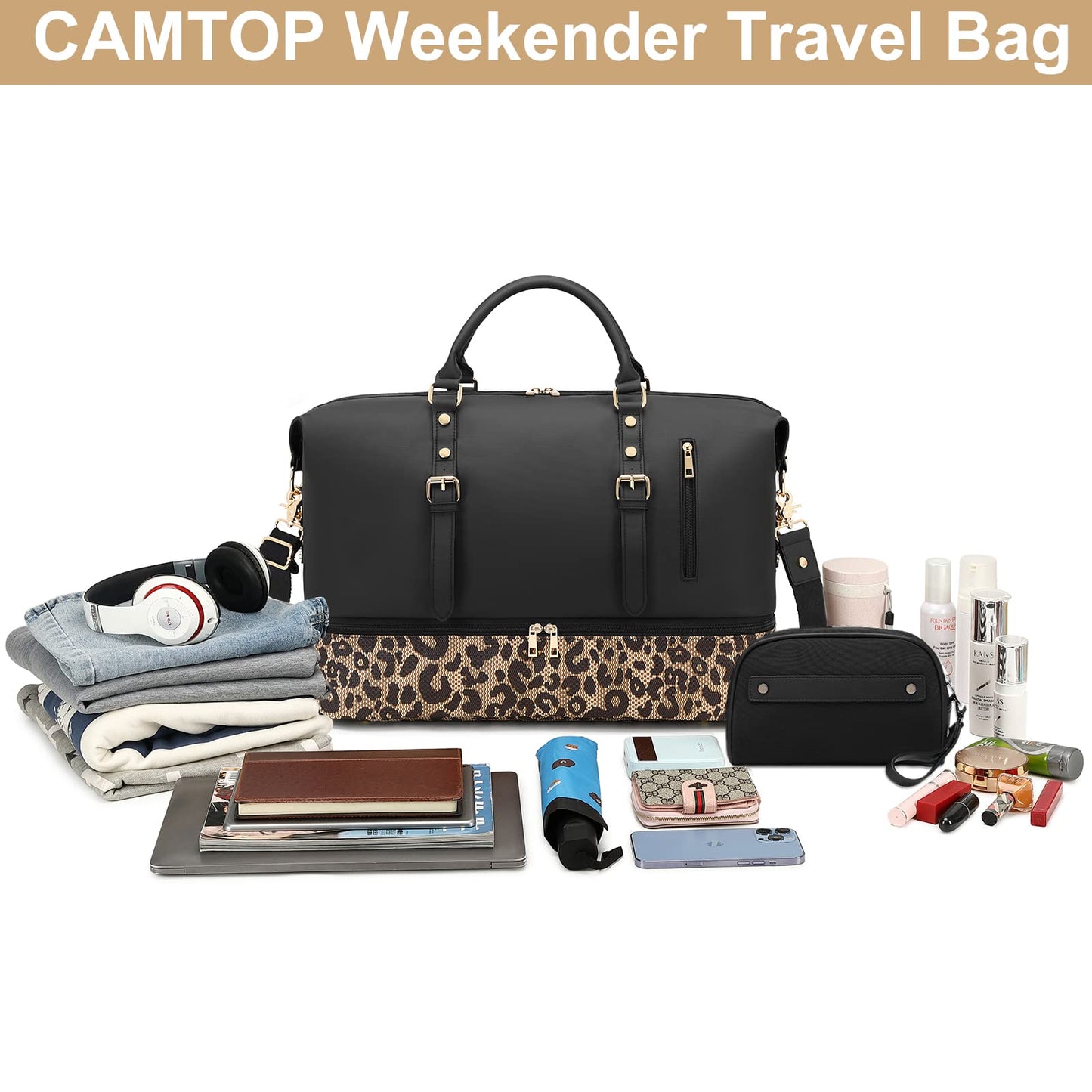 CAMTOP Weekend Travel Bag Ladies Women Duffle Tote Bags PU Leather Trim Canvas Overnight Bag Luggage, 831 Black, Weekender Bag Set Travel Bag With Makeup Bag