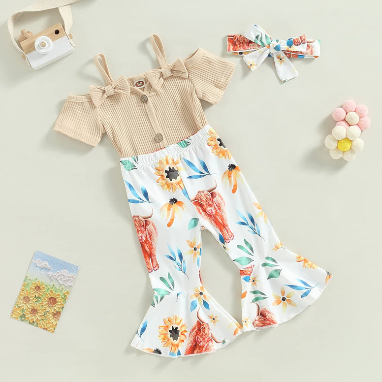 Newborn Infant Baby Girl 3Pcs Summer Outfit Short Sleeve Button Down Romper Flared Pants Headband Clothes Set 0-3 Months