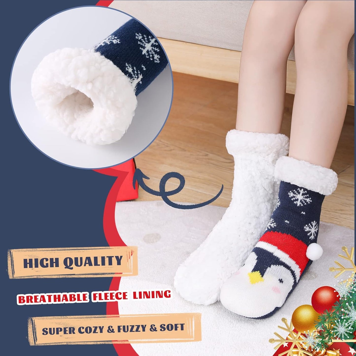 HERYEBING Kids Slipper Socks Boy Girl Chunky Knit Non Slip Socks Soft Fuzzy Warm Thick Fleece lined Christmas Stockings Child Toddler Winter Socks